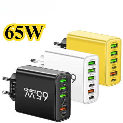 65W USB C Charger PD Fast Charging Mobile Cell Phone Type C Multiple 6 Ports Wall Adapter for Iphone 15 16 Xiaomi Huawei Samsung